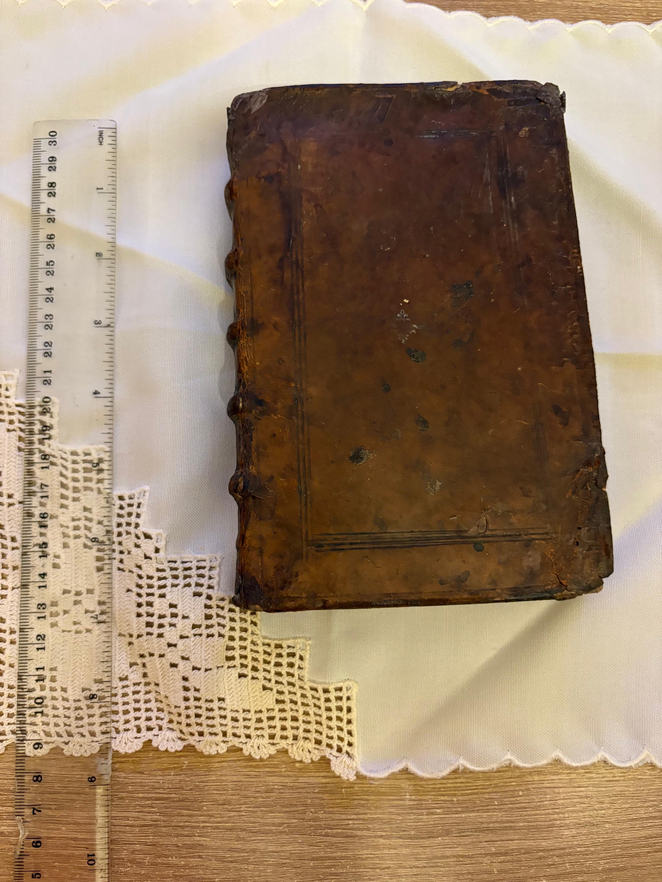 The front board of the sixteenth-century blind-tooled brown calf binding, showing the triple-fillet panel design, a small central floral tool, and the raised bands along the spine edge. Photographed beside a ruler for scale, the book measuring about 170 mm tall.